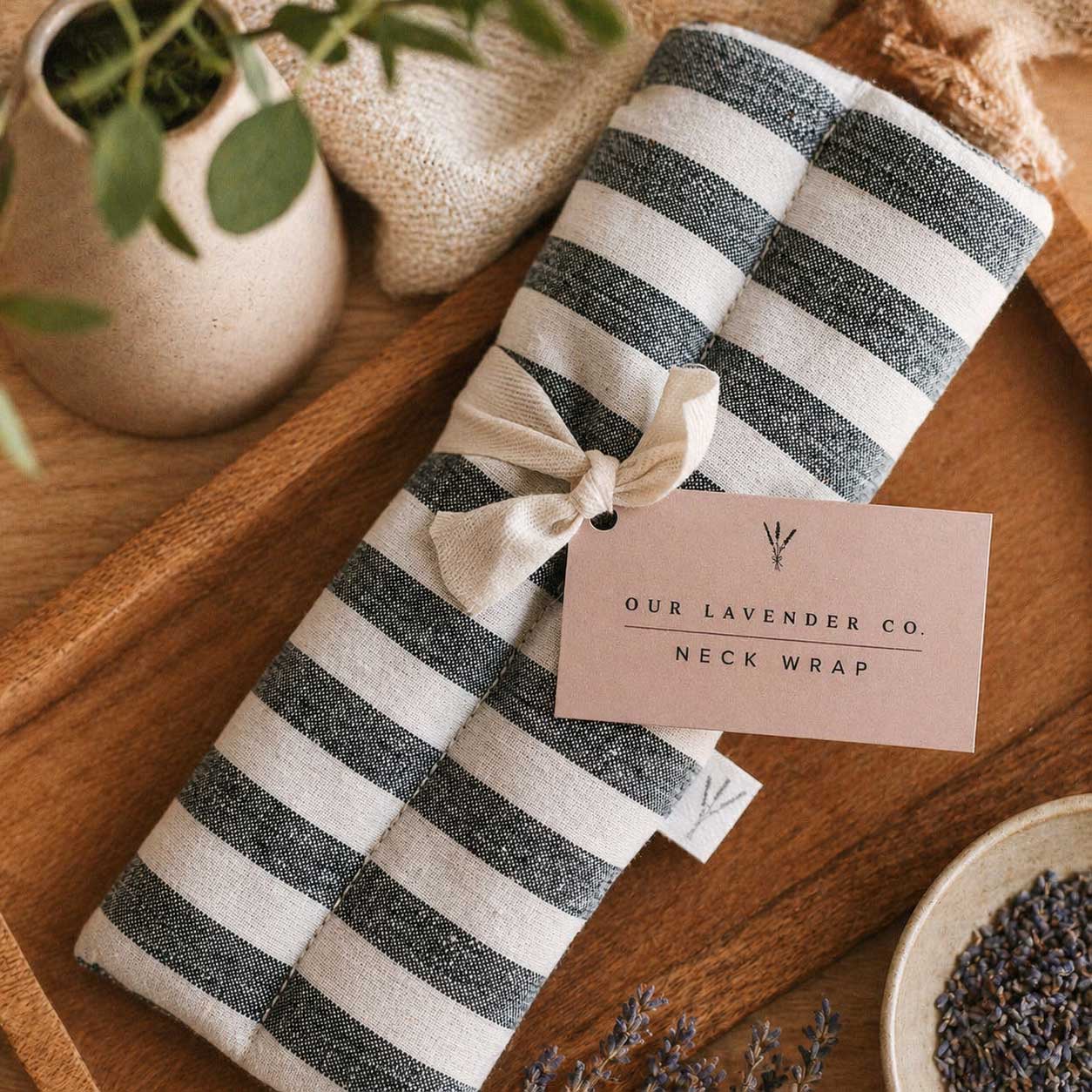 Lavender neck wrap heating pad by Our Lavender Co, 28 inches long, soft fabric, designed for soothing neck and shoulder warmth.