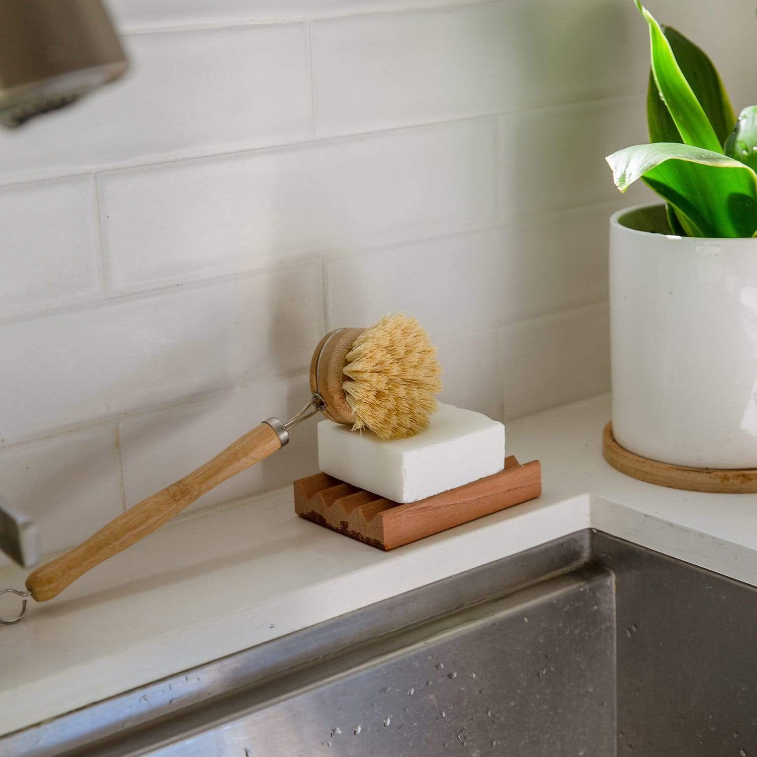 The Long Handle Dish Brush from ZeroWasteStore.com with a bamboo handle and replaceable agave bristles rests on a white soap bar in a brown dish by a stainless steel sink, while a potted green plant brightens the white countertop.