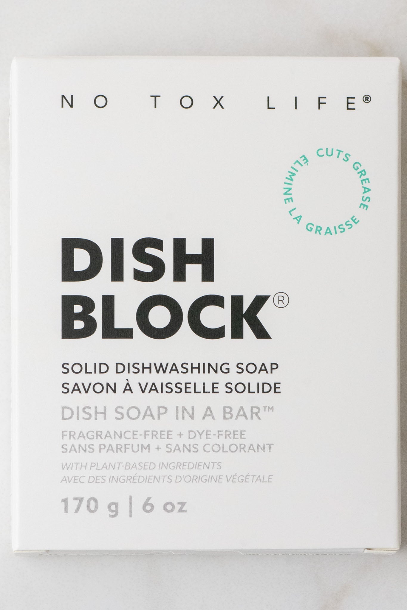 Solid dish soap bar by No Tox Life, 6 oz (170g), made for eco-friendly cleaning in home and kitchen use.