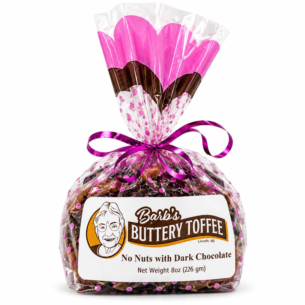 Dark chocolate toffee with nuts, homemade Barb's Buttery Toffee, 8 oz, featuring a rich, glossy finish and assorted nut toppings.