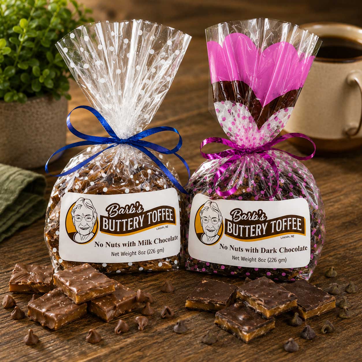 Homemade milk chocolate toffee with assorted nuts, 8 oz, by Barb's Buttery Toffee, shown in the image with a glossy chocolate coating.