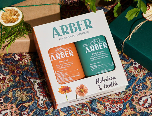 The Organic Nutrition & Health Starter Set by Arber, featuring two bottles—organic plant food (orange) and organic bio protectant (green)—is displayed on a patterned rug near a dried citrus slice and gift-wrapped boxes.