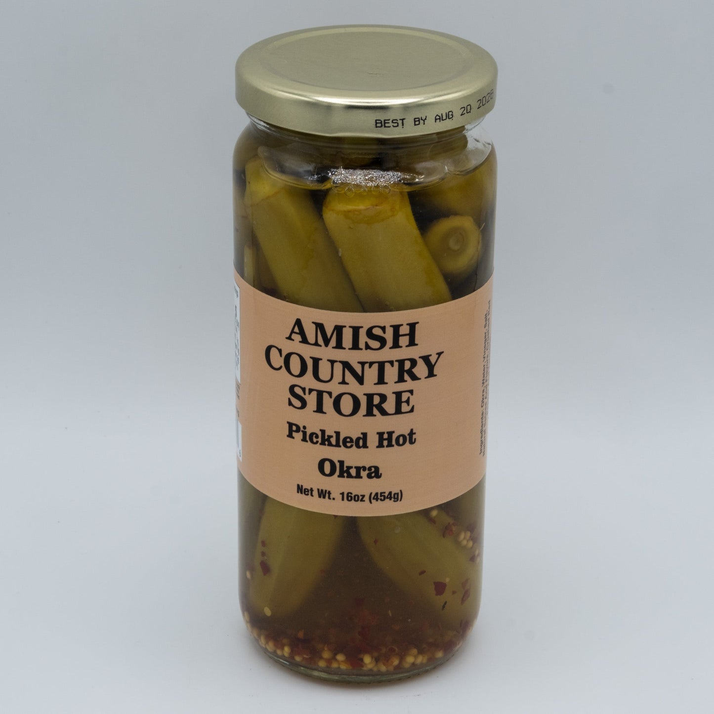 Jar of Amish Country Store pickled hot okra in a 16oz glass jar, showcasing vibrant green okra spears in brine.