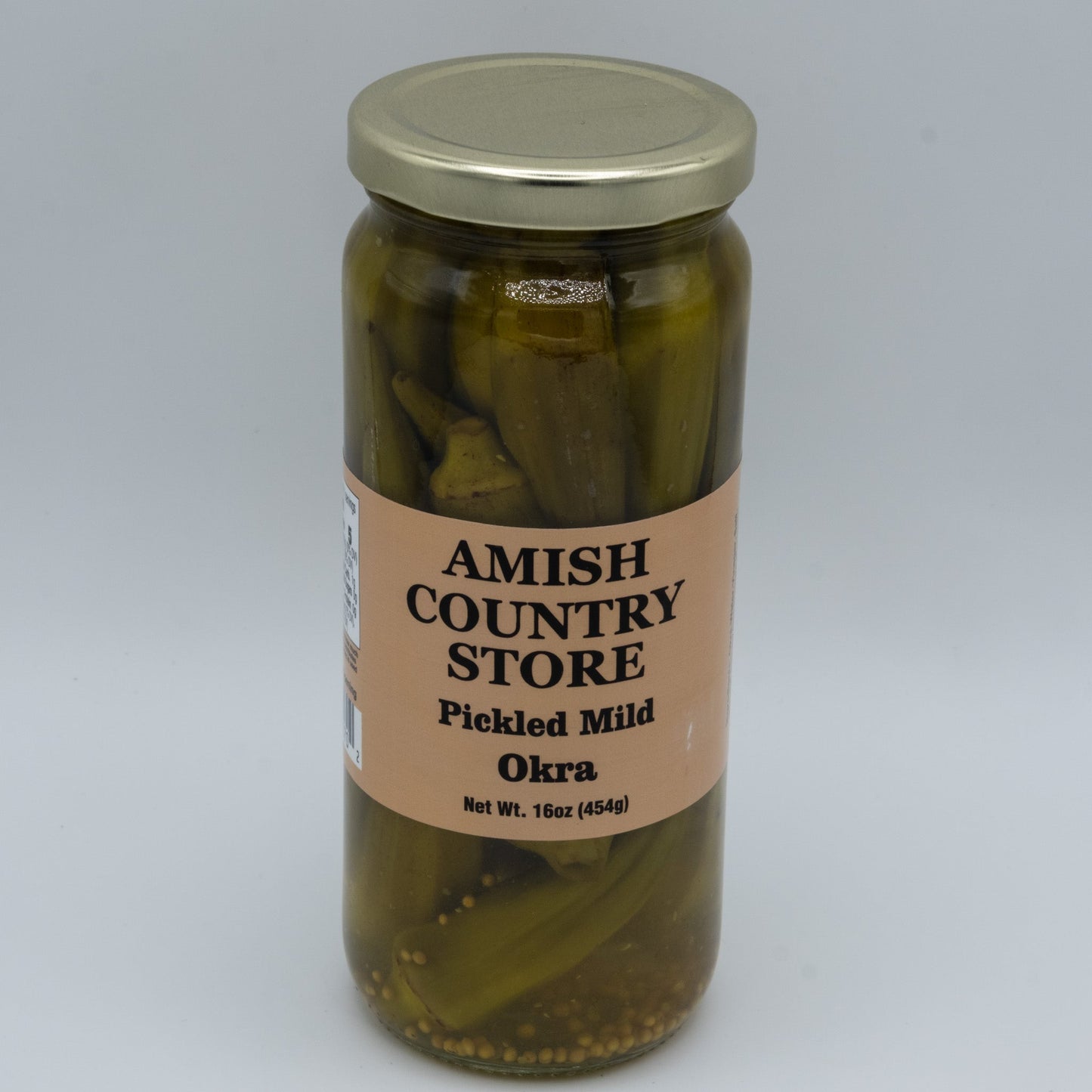 Jar of Amish Country Store pickled mild okra in a 16oz glass jar, showing green okra spears submerged in pickling brine.