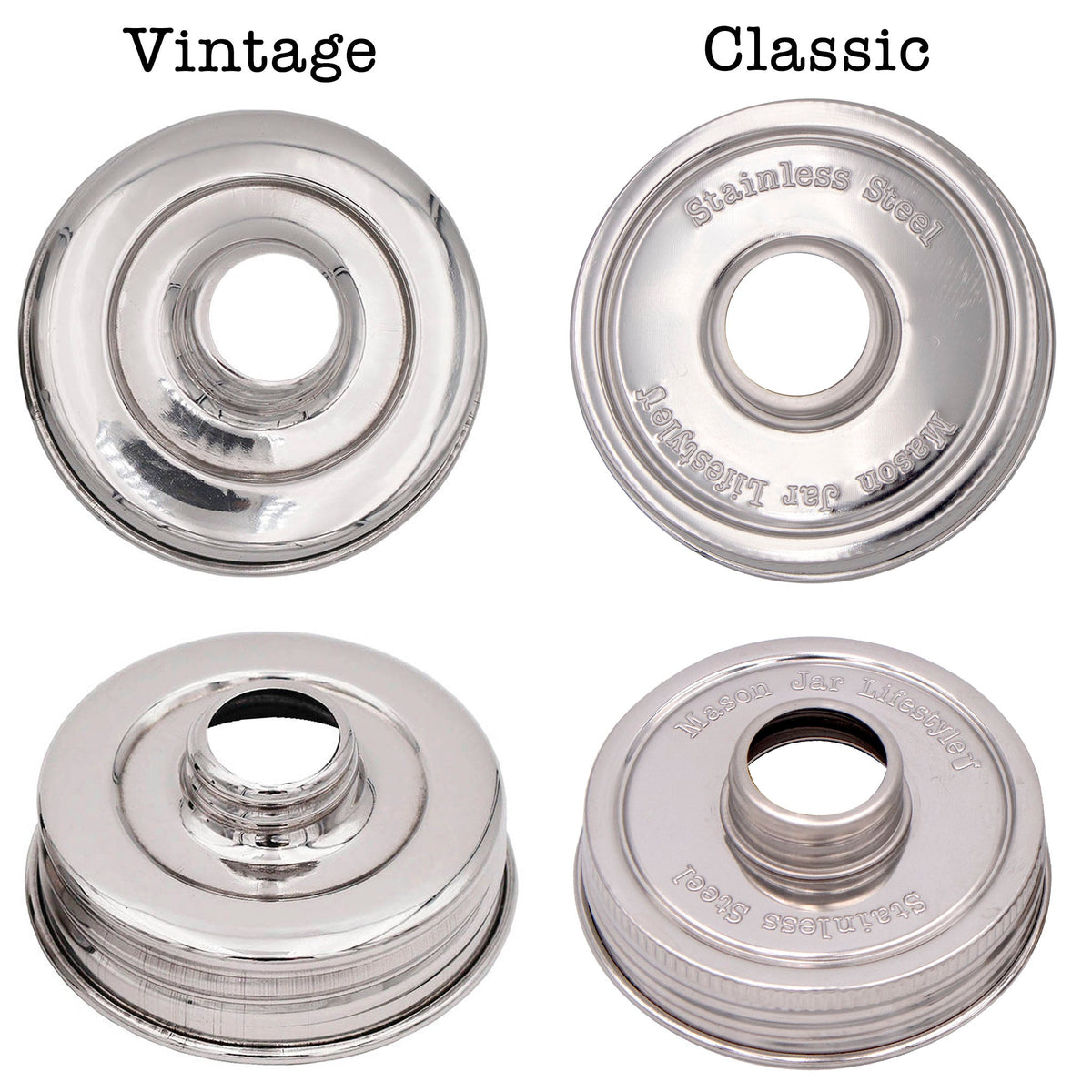 Old and new Mason Jar Lifestyle chrome soap pump dispensers with mirror finish on mason jars, showcasing stylish bathroom or kitchen decor.