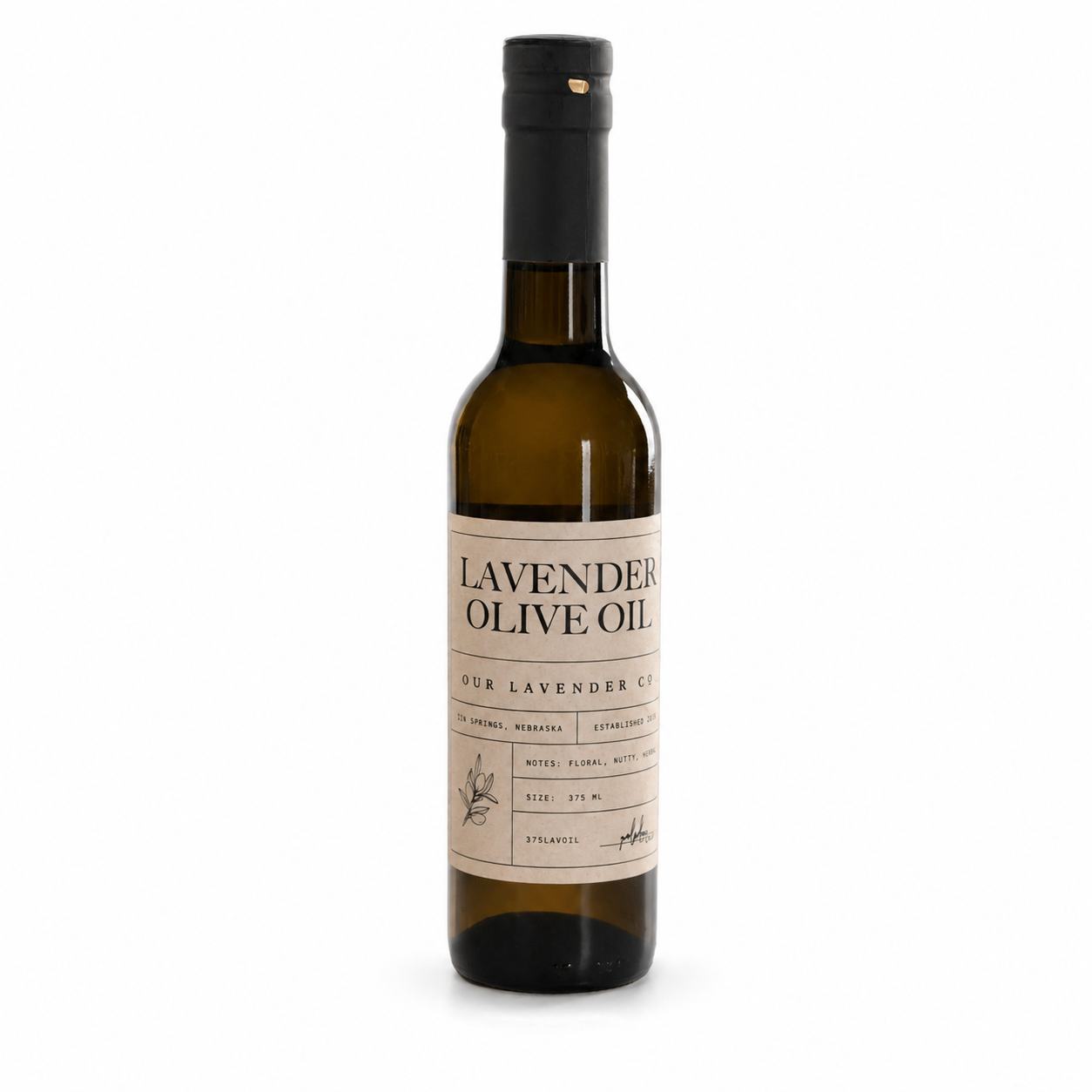 Lavender infused olive oil in a 12.7 oz bottle from Our Lavender Co, ideal for cooking or finishing dishes.