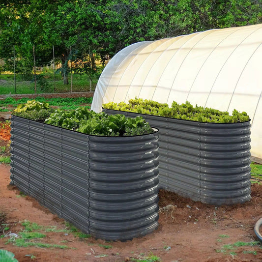 Two Ollegardens 32" Tall, 12-in-1 Raised Garden Beds filled with leafy greens sit beside a white plastic hoop greenhouse in an outdoor garden, surrounded by soil and green trees.
