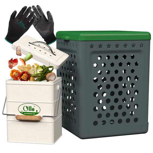 The OLLE Garden In-ground Worm Compost Bin by Ollegardens, paired with a green lid, white compost caddy holding food scraps, black gardening gloves, and a white caddy lid, is shown against a white background—perfect for sustainable gardening.