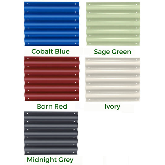 Add style to your Ollegardens 17" Tall, 12-in-1 20" Raised Bed Extension Kit with five rectangular corrugated panels in Cobalt Blue, Sage Green, Barn Red, Ivory, and Midnight Grey—ideal for raised bed extension.