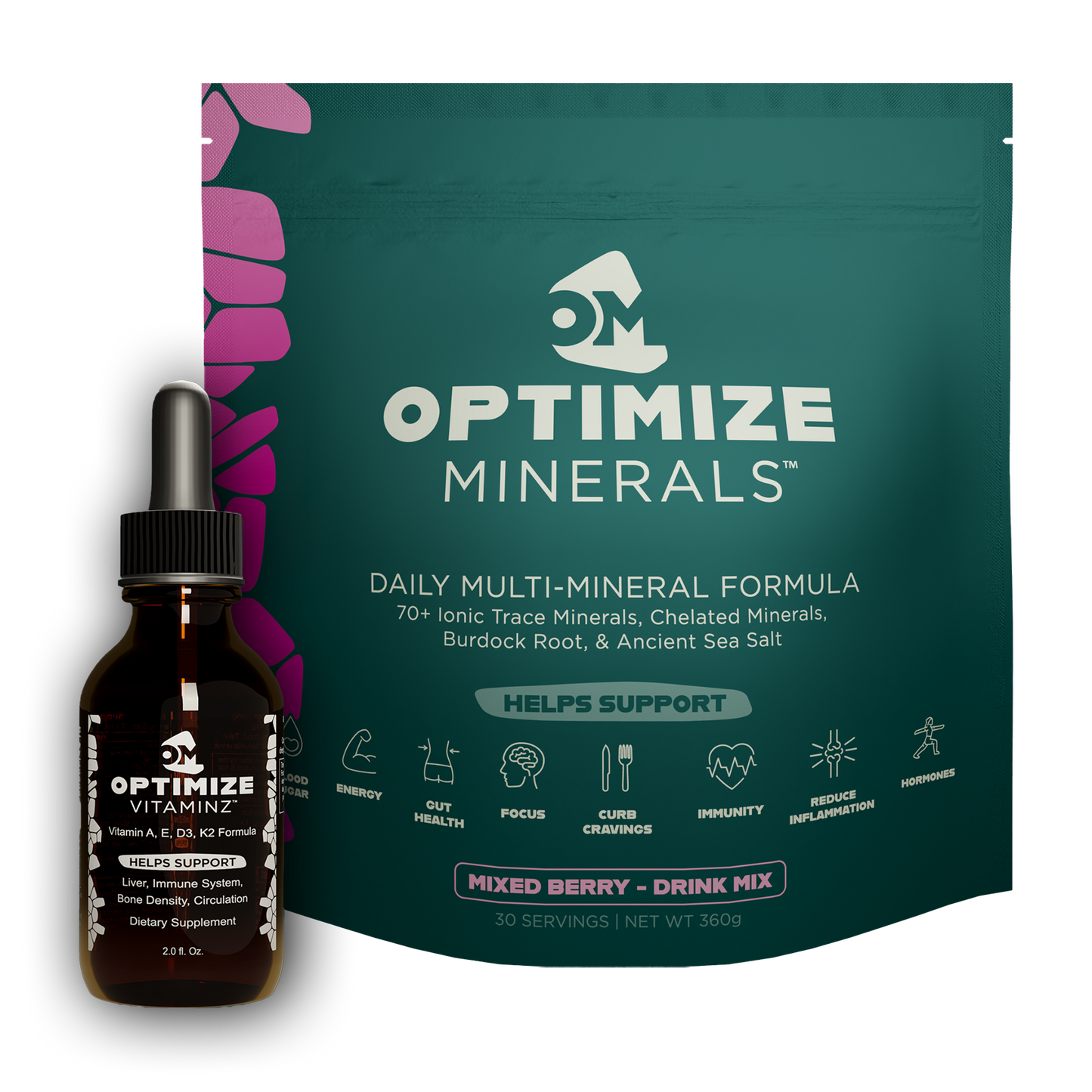 Optimize Minerals and Vitaminz BUNDLE with blood orange flavor, 30-day supply of mineral and vitamin supplements in bottles.