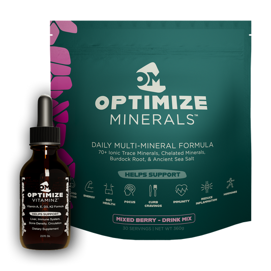 Optimize Minerals and Vitaminz BUNDLE with blood orange flavor, 30-day supply of mineral and vitamin supplements in bottles.