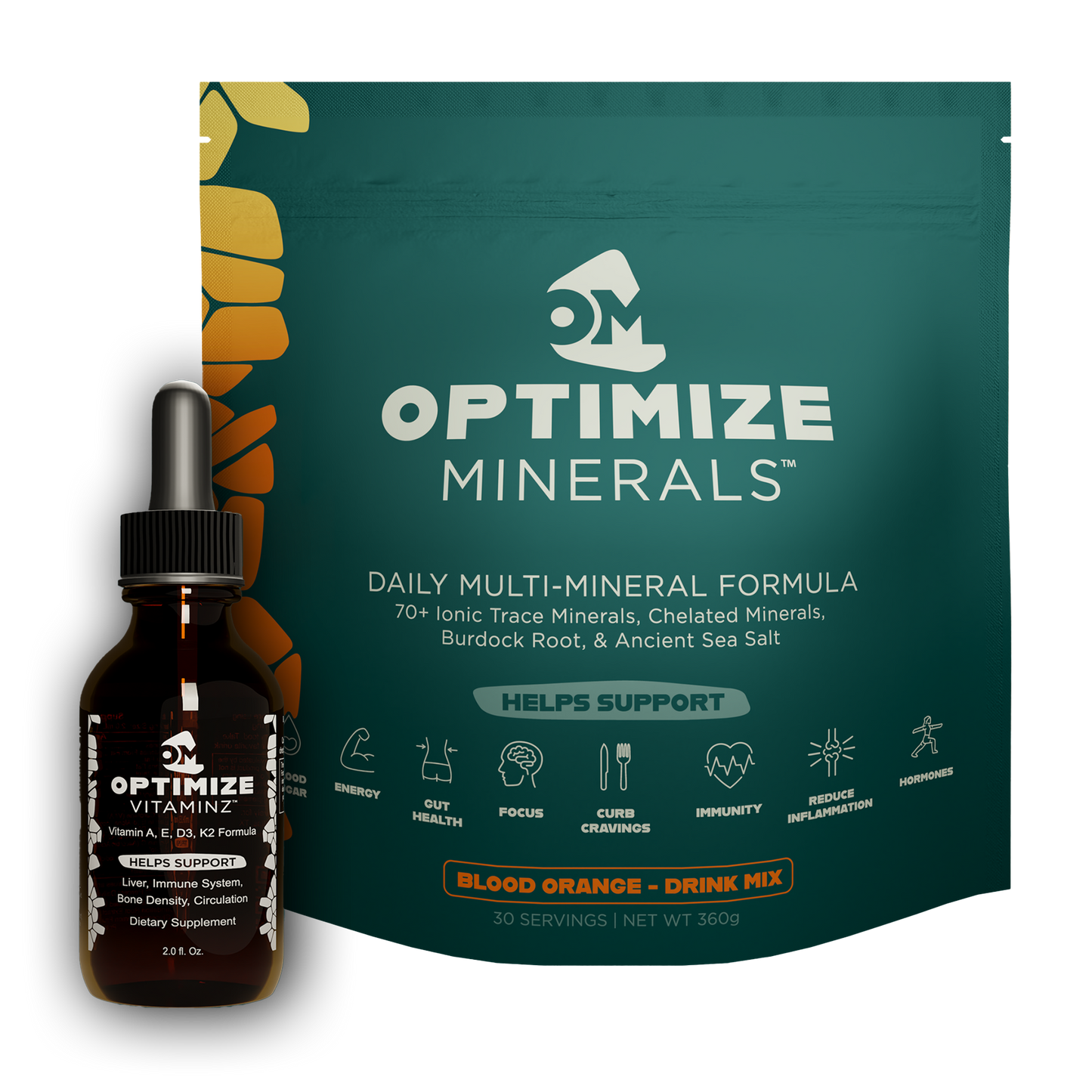 Optimize Minerals and VitaminZ bundle with blood orange flavor, 30-day supply of mineral and vitamin supplements.