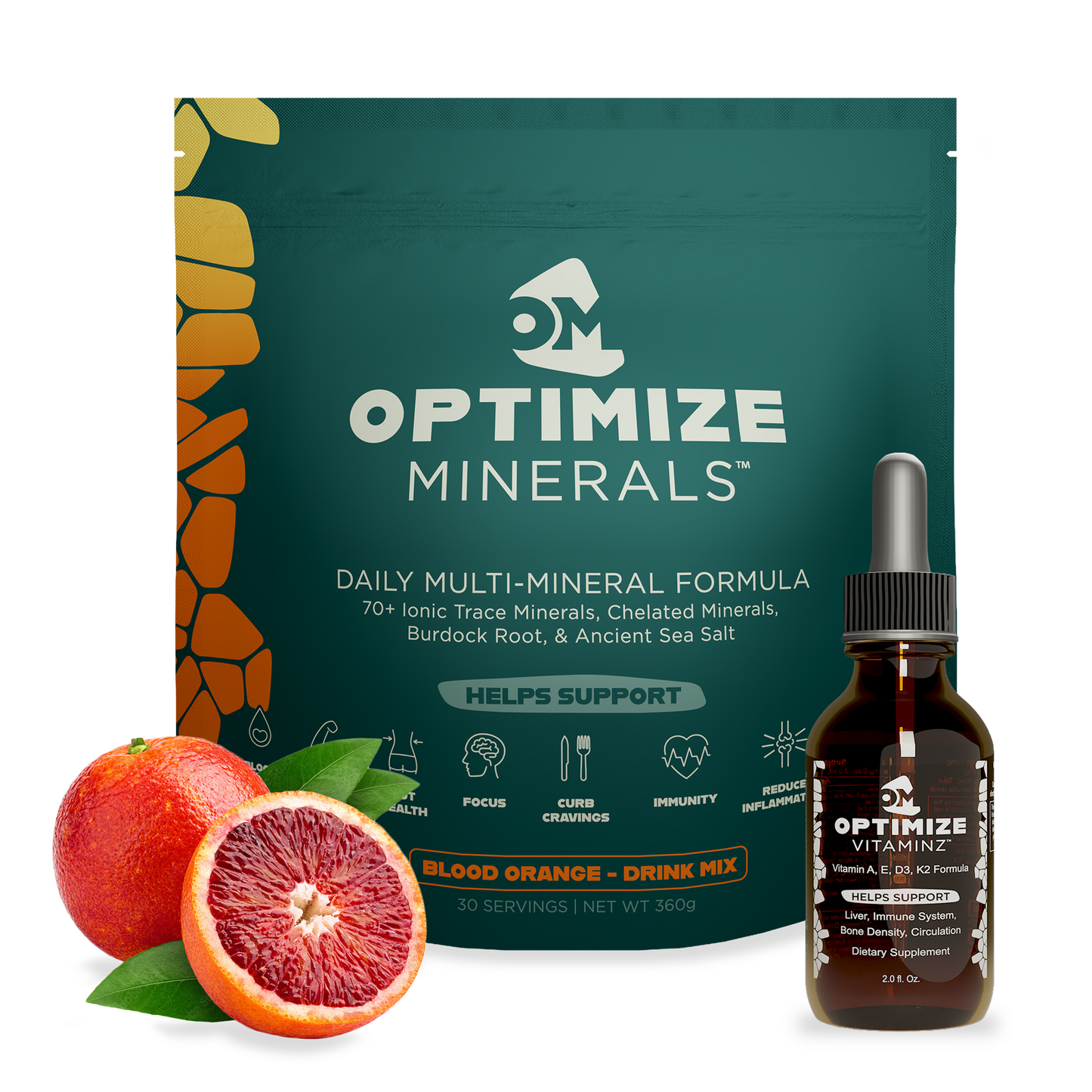 Optimize Minerals and VitaminZ bundle with blood orange flavor, 30-day supply of mineral and vitamin supplements from Optimize Minerals.