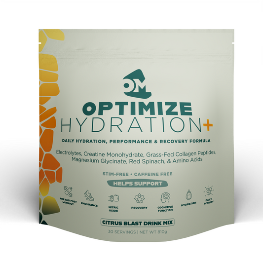 Optimize Minerals Hydration Tropical Surge electrolyte powder in a 30-day supply, designed for optimal hydration and mineral balance.