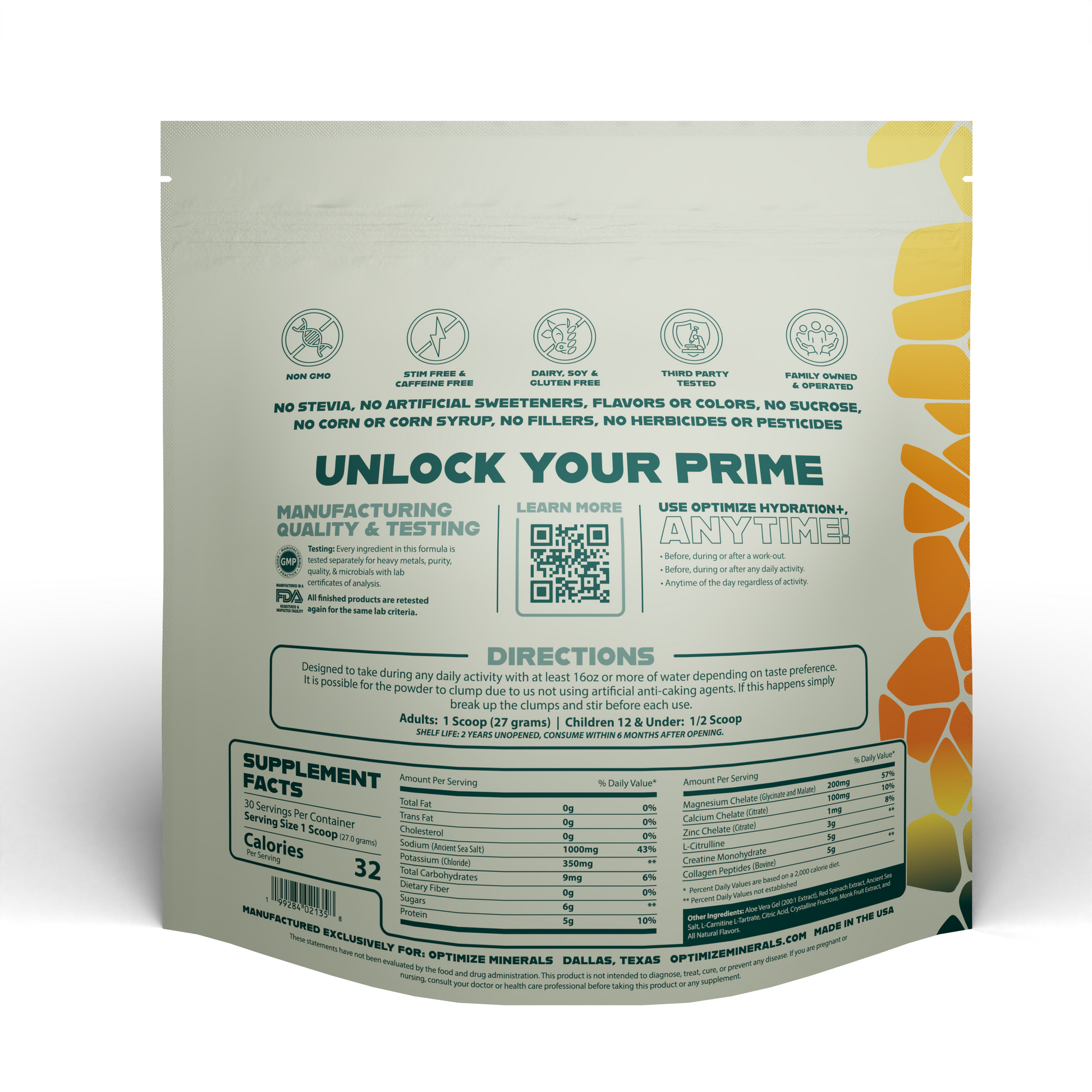 Optimize Minerals Hydration Tropical Surge powder for enhanced hydration, featuring tropical flavor in a 30-day supply.