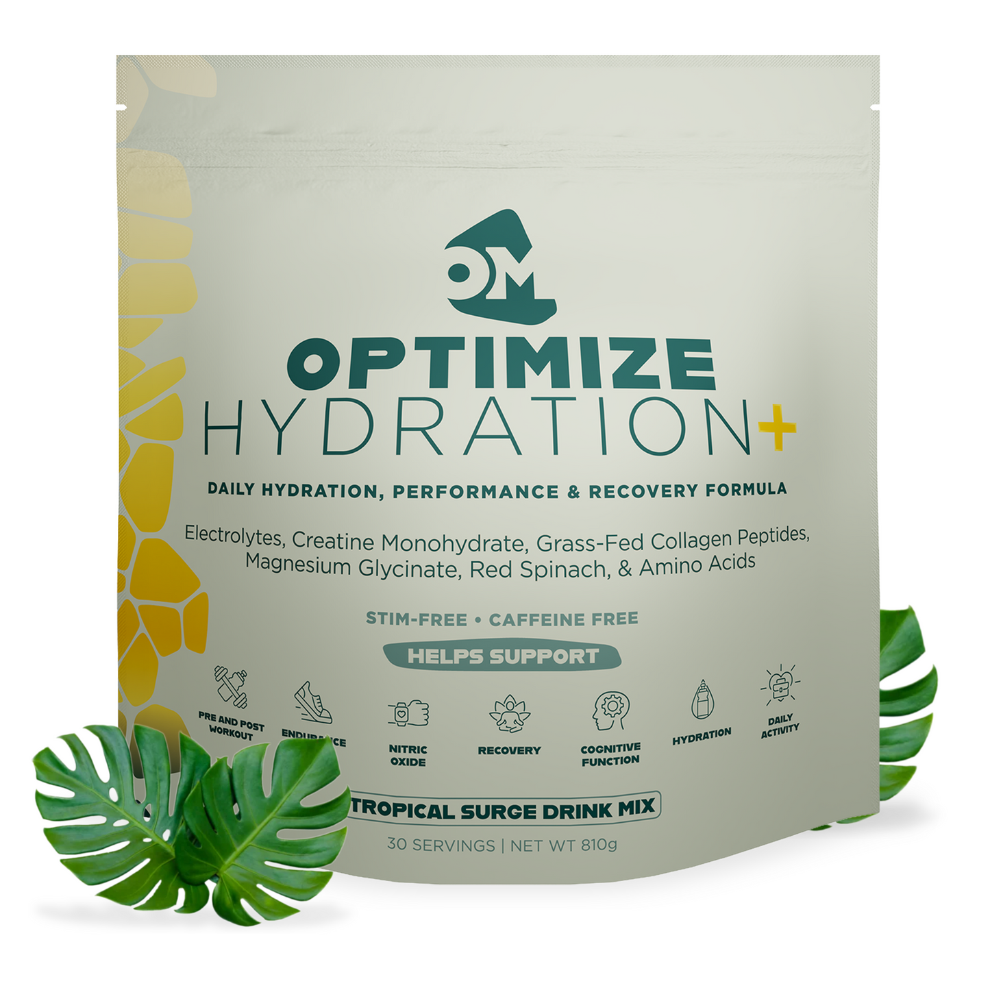 Optimize Minerals Hydration Tropical Surge supplement in a 30-day supply packet, designed for optimal hydration and mineral balance.
