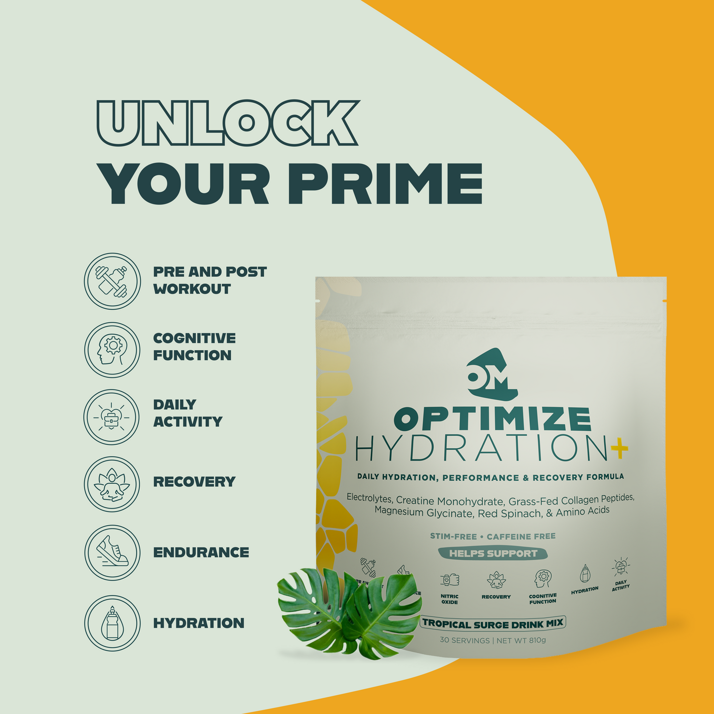 Optimize Minerals Hydration Tropical Surge drink mix, 30-day supply, featuring tropical flavor for effective hydration.
