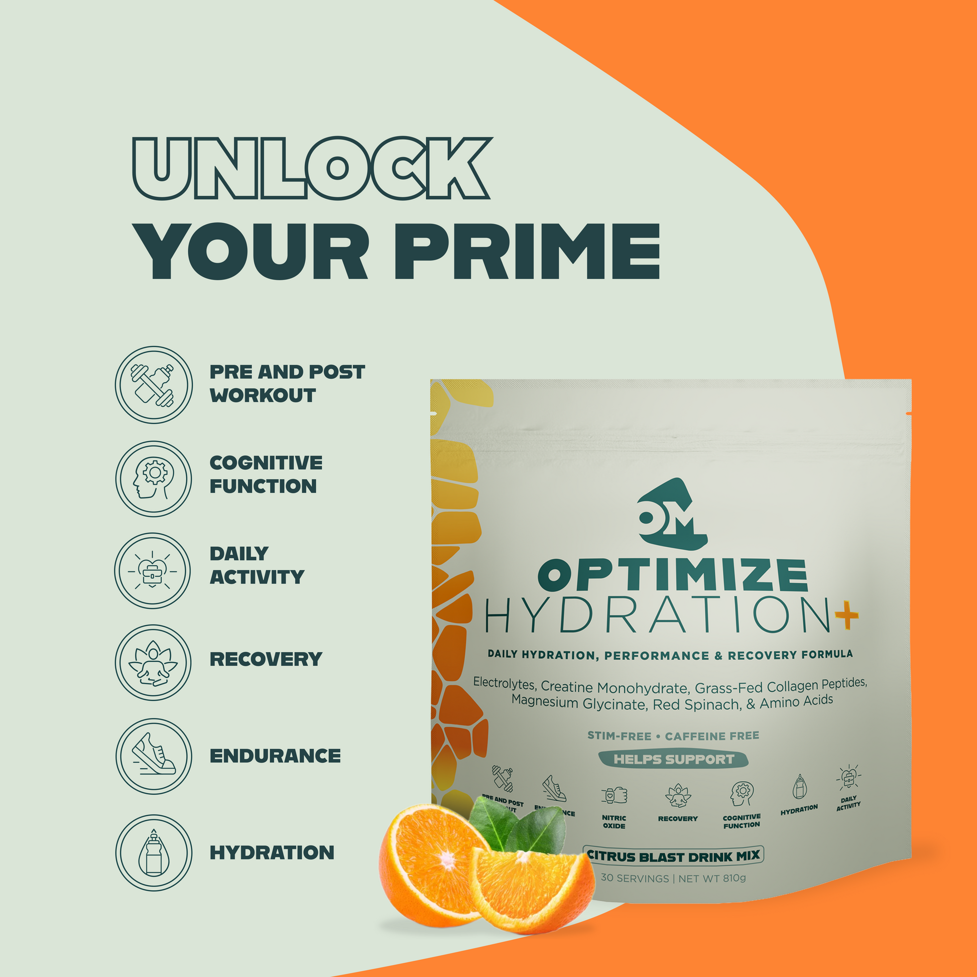 Optimize Minerals Hydration Tropical Surge supplement for hydration, showing a 30-day supply with tropical flavor packaging.