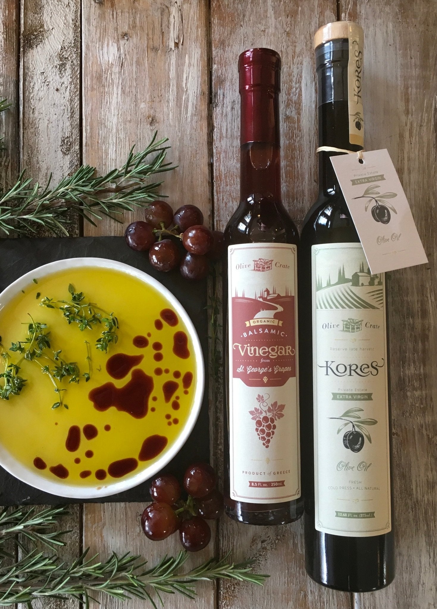 Organic Balsamic Vinegar from St. George's grapes by Olive Crate, in a glass bottle with a dark, rich appearance.