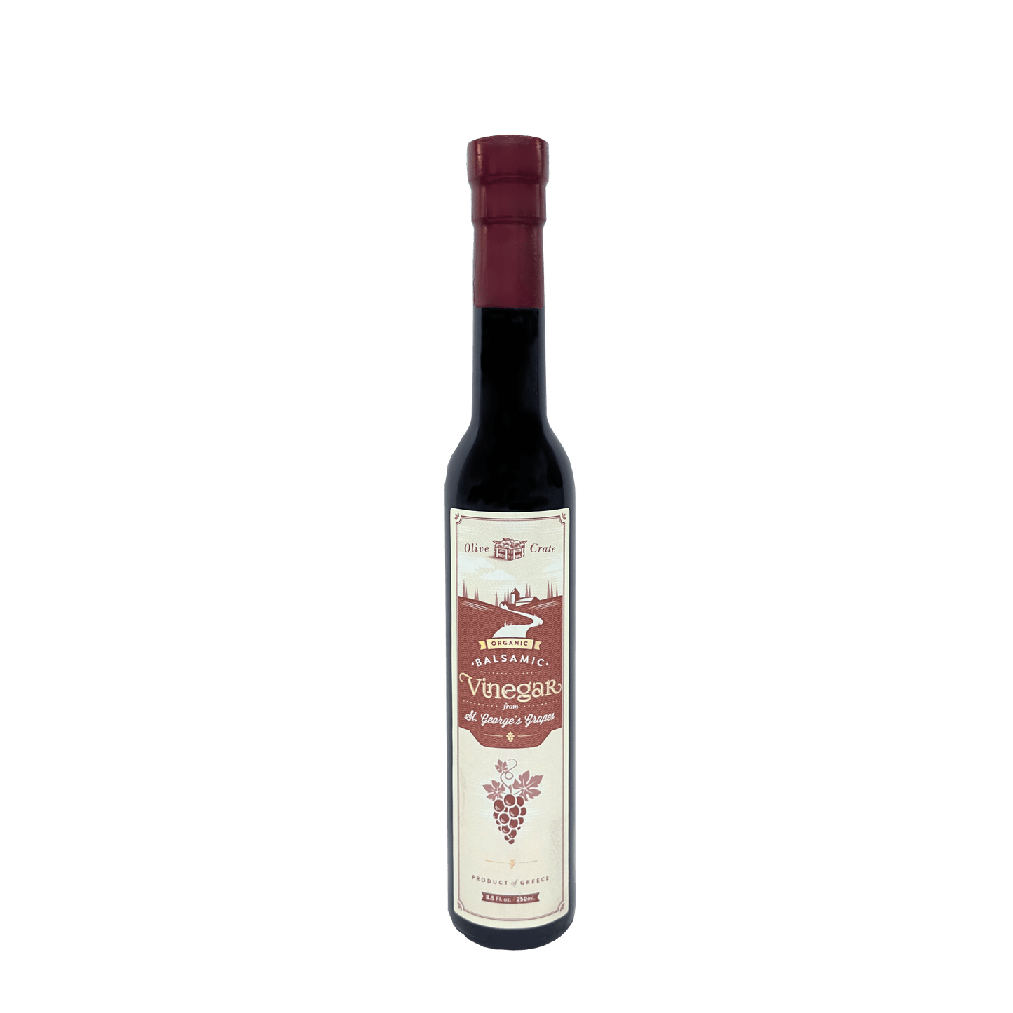 Organic balsamic vinegar from St. George's grapes by Olive Crate, featuring a dark, rich liquid in a glass bottle.
