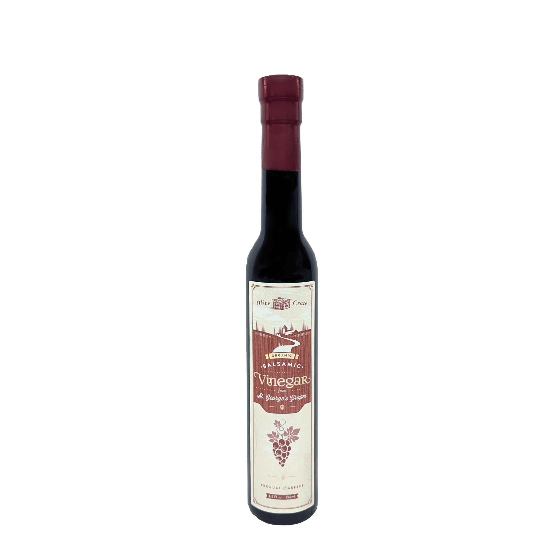 Organic balsamic vinegar from St. George's grapes by Olive Crate, featuring a dark, rich liquid in a glass bottle.