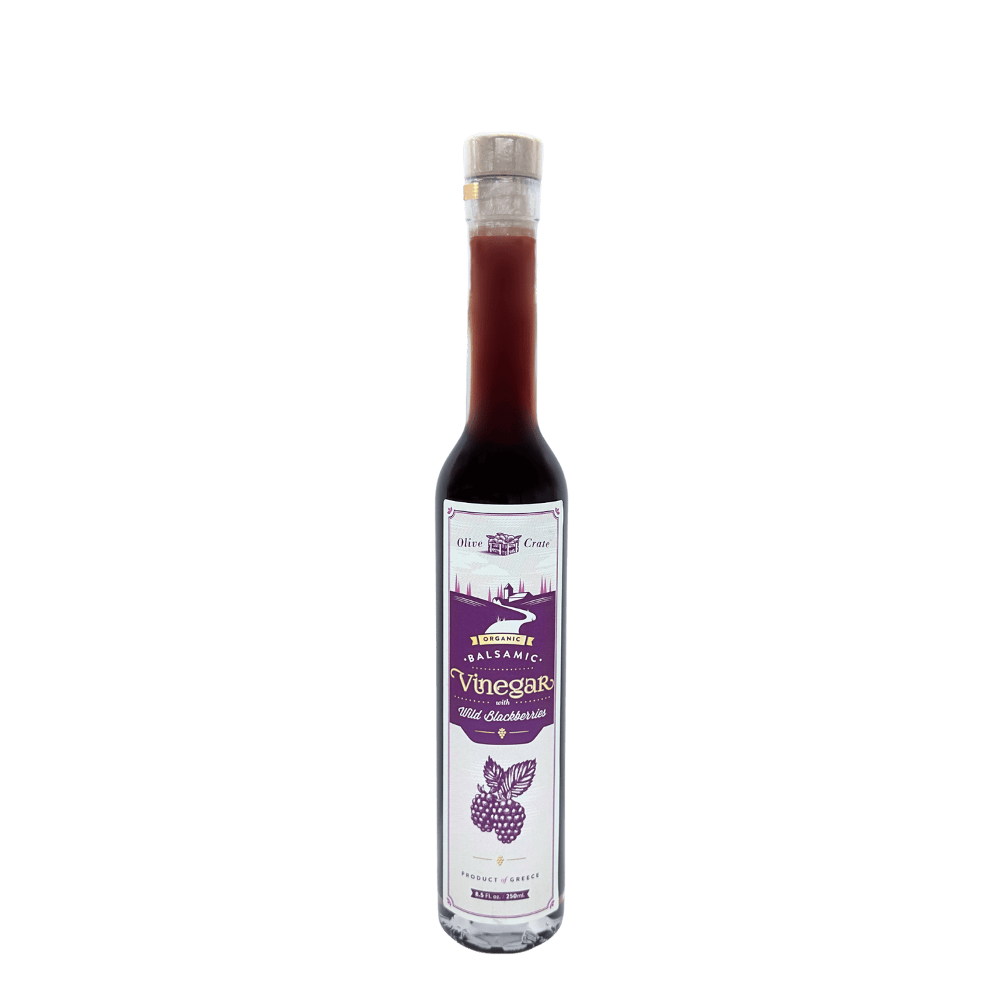 Organic balsamic vinegar with wild blackberry from Olive Crate, in a glass bottle showing dark vinegar and fresh blackberries.