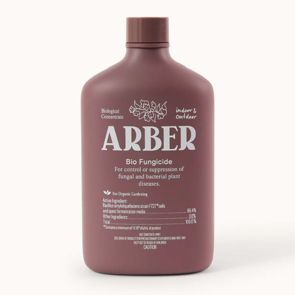 A brown bottle labeled Arber Organic Bio Fungicide for indoor and outdoor use, featuring natural fungus control and plant disease protection—an ideal organic solution for gardens.