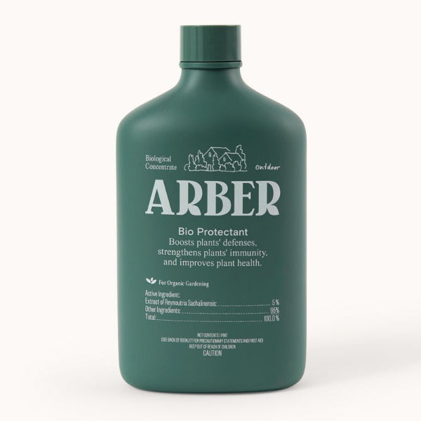 A green bottle labeled Arber Organic Bio Protectant claims to boost plant defenses, strengthen immunity, and prevent diseases. The label details biological plant extract ingredients and usage instructions.