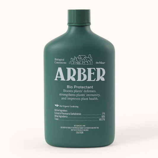A green bottle labeled Arber Organic Bio Protectant claims to boost plant defenses, strengthen immunity, and prevent diseases. The label details biological plant extract ingredients and usage instructions.