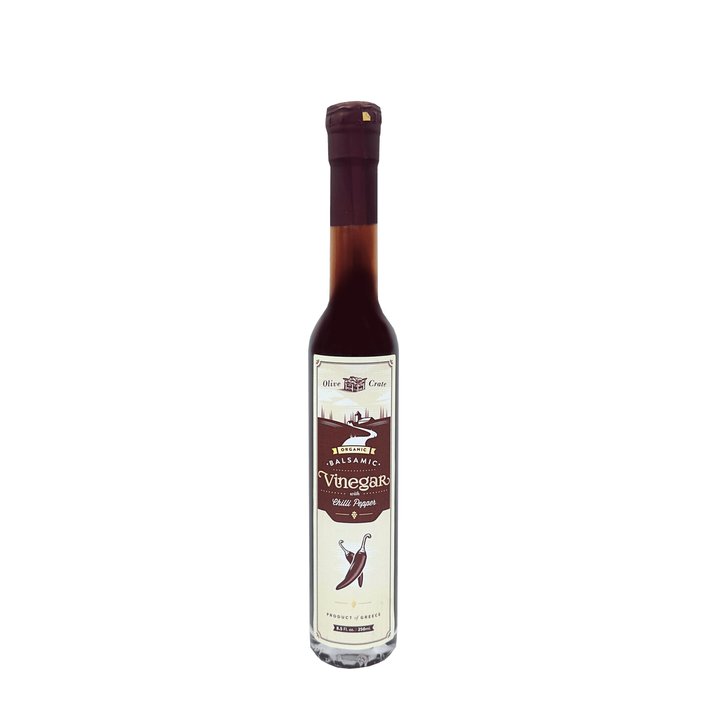 Organic balsamic vinegar with chili pepper from Olive Crate, featuring a dark, flavorful liquid in a glass bottle with chili flakes visible.
