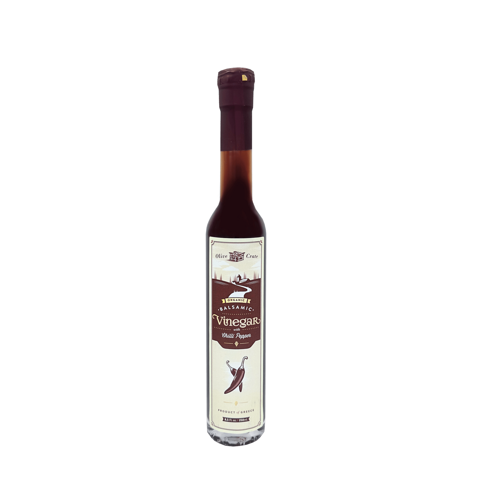 Organic balsamic vinegar with chili pepper from Olive Crate, featuring a dark, flavorful liquid in a glass bottle with chili flakes visible.
