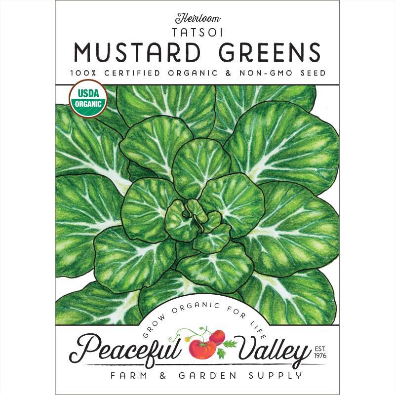 Organic Mustard Tatsoi Greens vegetable seeds from Grow Organic, showing fresh seed packets for organic vegetable gardening.