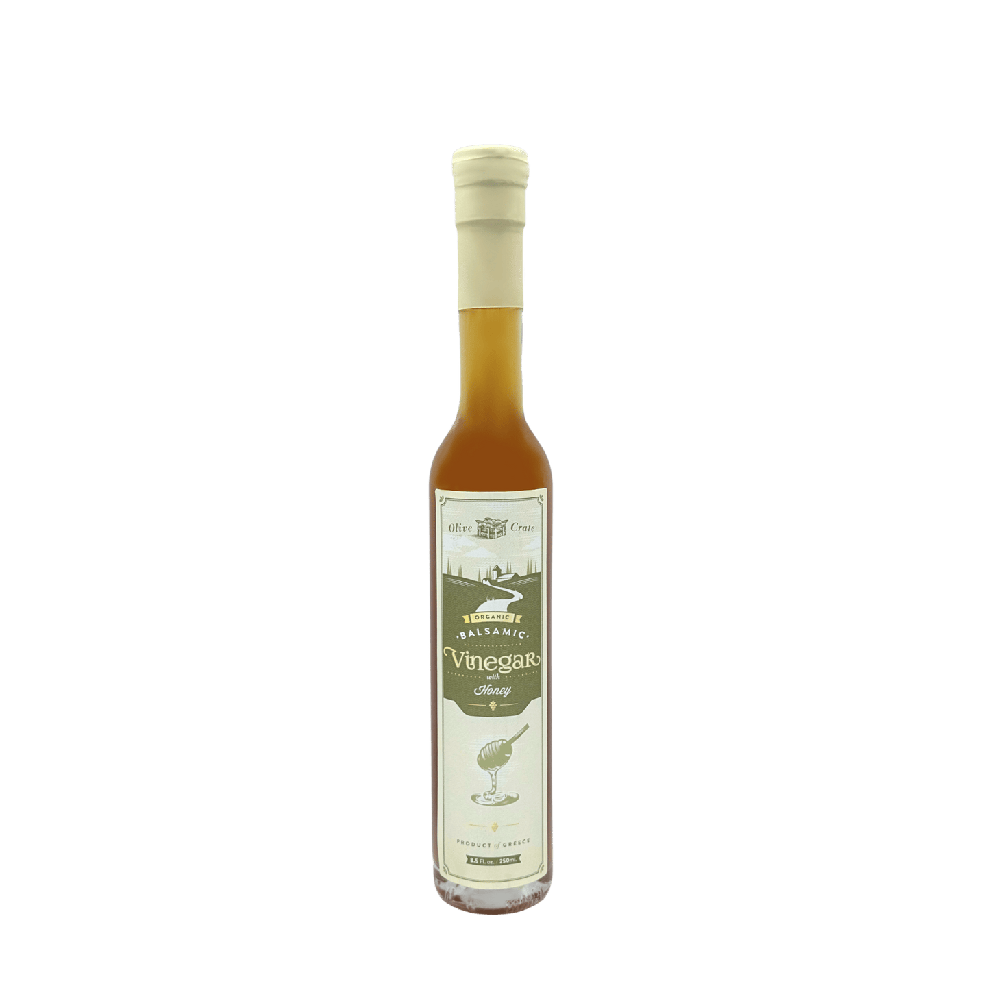 Organic white balsamic vinegar with honey from Olive Crate, featuring Greek Roditis grapes in a clear glass bottle.