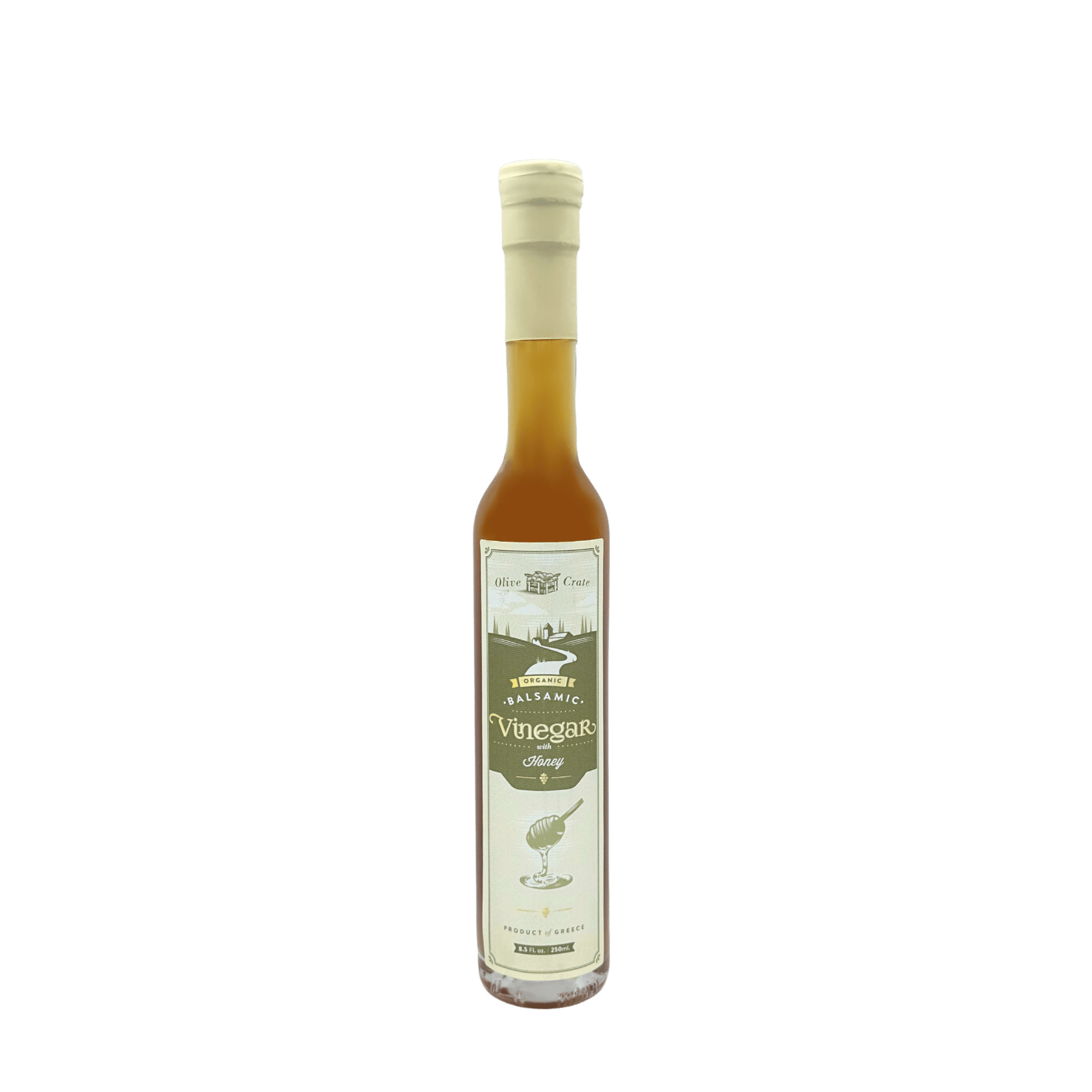 Organic white balsamic vinegar with honey from Olive Crate, featuring Greek Roditis grapes in a clear glass bottle.
