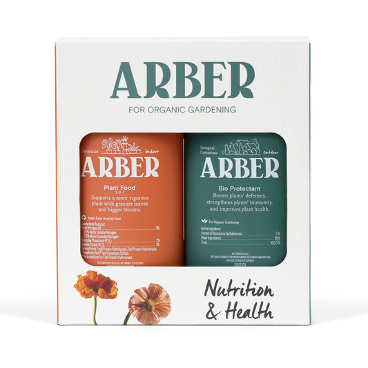 The Arber Organic Nutrition & Health Starter Set includes organic plant food (orange bottle) and bio protectant (green bottle). Packaged with poppy illustrations, it supports soil fertility and healthy gardening.