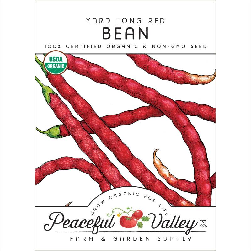 Organic Yard Long Red Pole Bean Seeds from Grow Organic, showing vibrant red bean pods on healthy green vines.