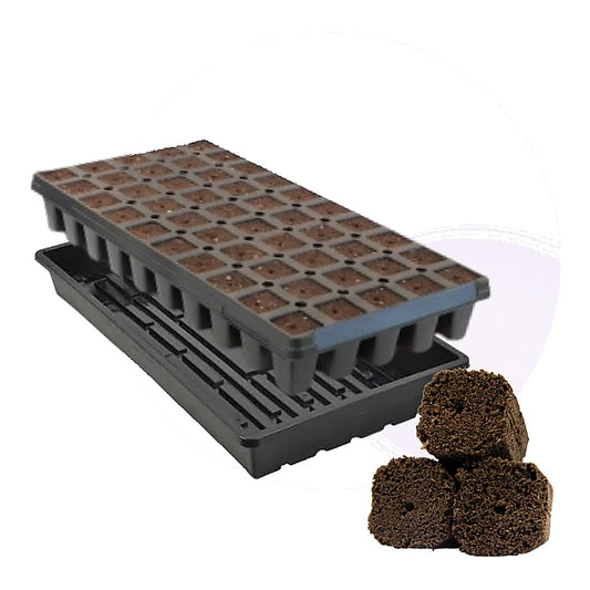 GrowersHouse OrganiPlug seed and cutting plugs in a tray, showing 50 tall pre-filled plugs for easy planting and propagation.