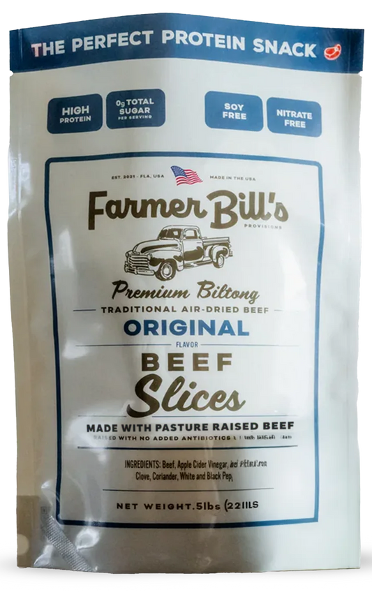 Sliced 1/2 lb of Farmer Bill's Provisions Original Beef Biltong, thin beef slices in a clear package, ready to eat.