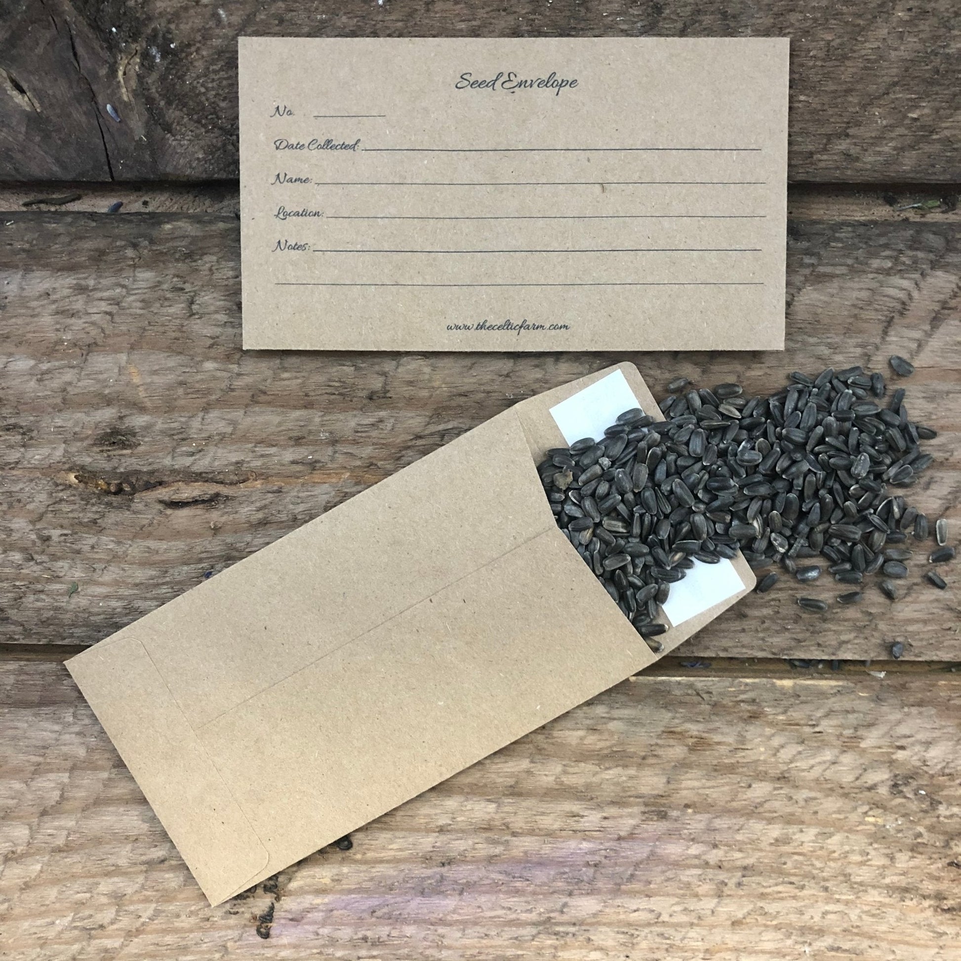 Our Seed Envelopes/Packets (Seed Collection) by The Celtic Farm: brown envelopes for sunflower seed storage or gardener gifts, shown partially open with seeds spilling out on wood and an empty labeled envelope displayed above.