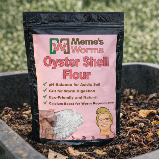 Meme's Worms oyster shell flour for composting, showing fine crushed oyster shells in a natural beige color.