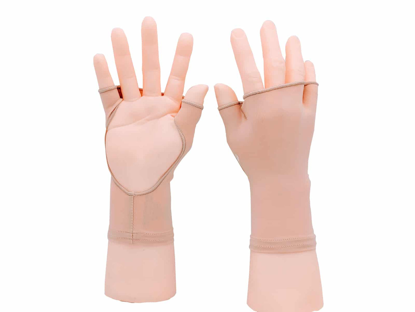PalmFree™ Sun Gloves Almond Beige UPF 50+ with soft fabric and snug fit for sun protection, shown on both hands.