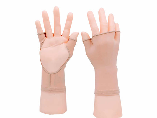 PalmFree™ Sun Gloves Almond Beige UPF 50+ with soft fabric and snug fit for sun protection, shown on both hands.