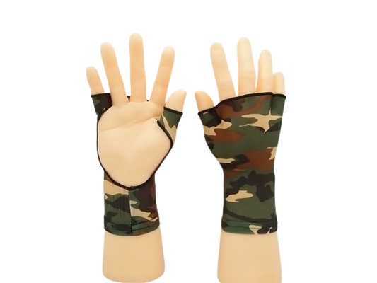 PalmFree™ Sun Gloves in camo with UPF 50+ protection, showing the left and right gloves with palm and finger details.