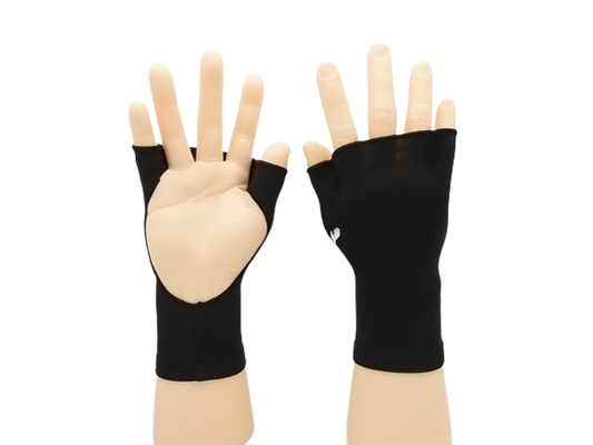 Black PalmFree™ Sun Gloves with UPF 50+, showing palm and finger details, designed for sun protection and outdoor activities.