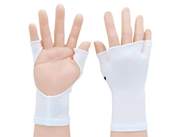White PalmFree™ Sun Gloves with UPF 50+ protection, showing the left and right gloves with textured palms for sun protection.