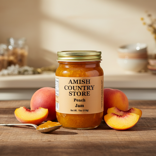 Canned peach jam from Amish Country Store, 18oz jar with golden peach preserves and a label featuring peaches and jam imagery.