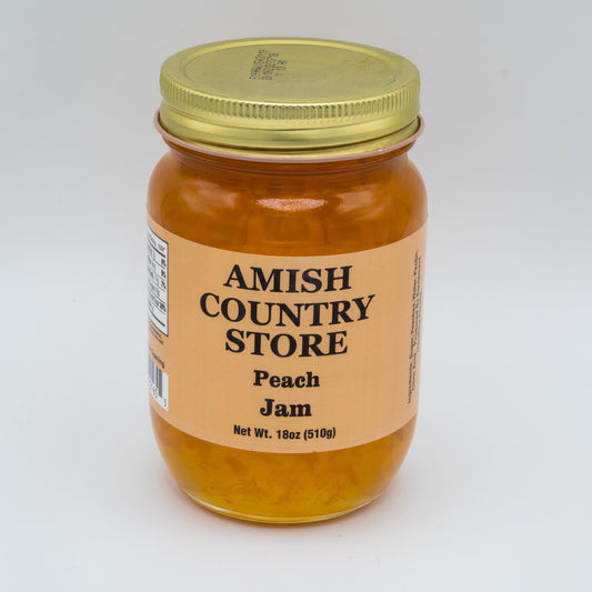 Canned Amish Country Store Peach Jam in 18oz jar with a peach label, showcasing the golden-orange preserve inside.