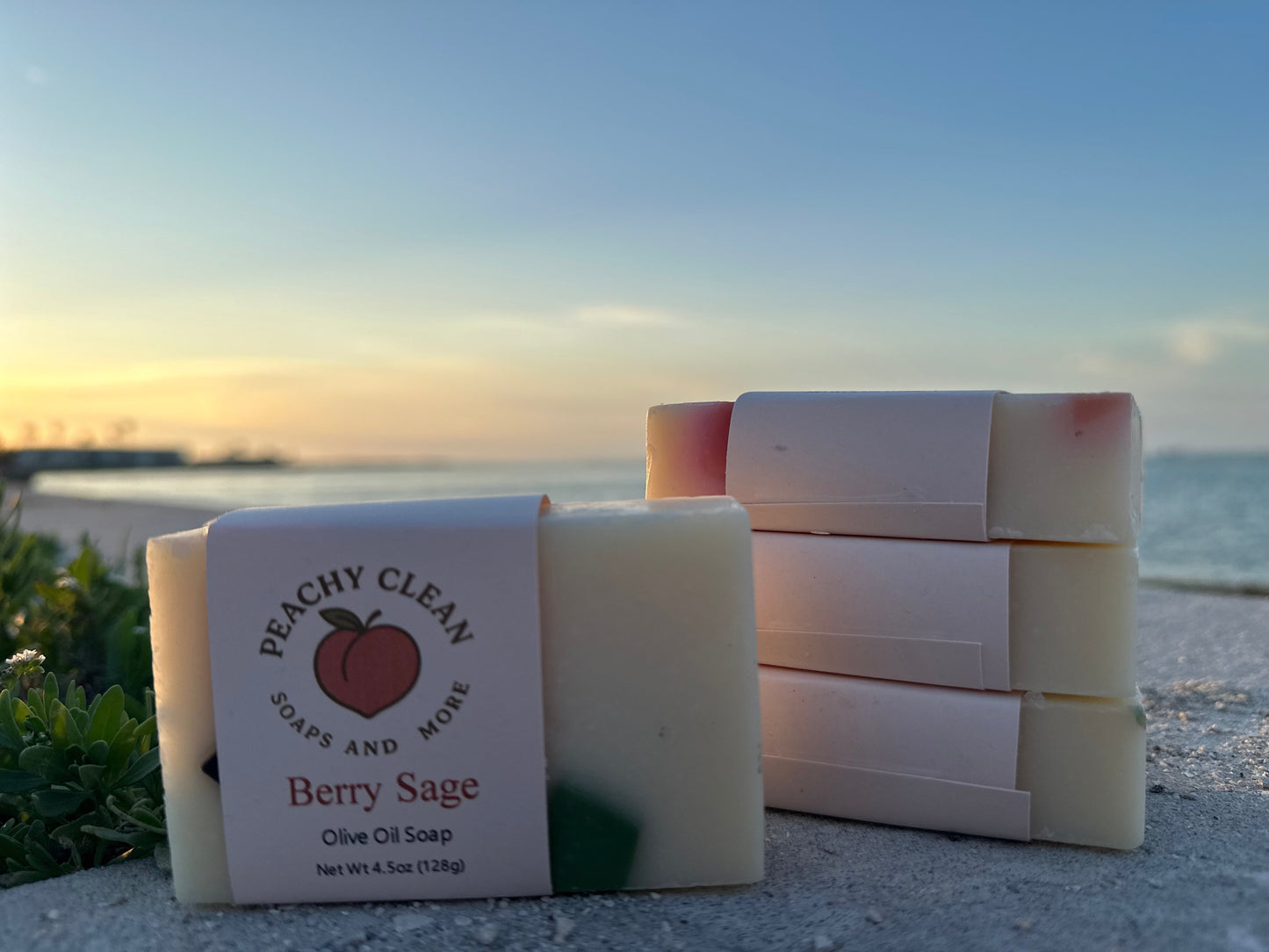 Berry Sage soap by Peachy Clean Soaps and More LLC with a natural berry and sage scent, showcasing the soap's textured surface.