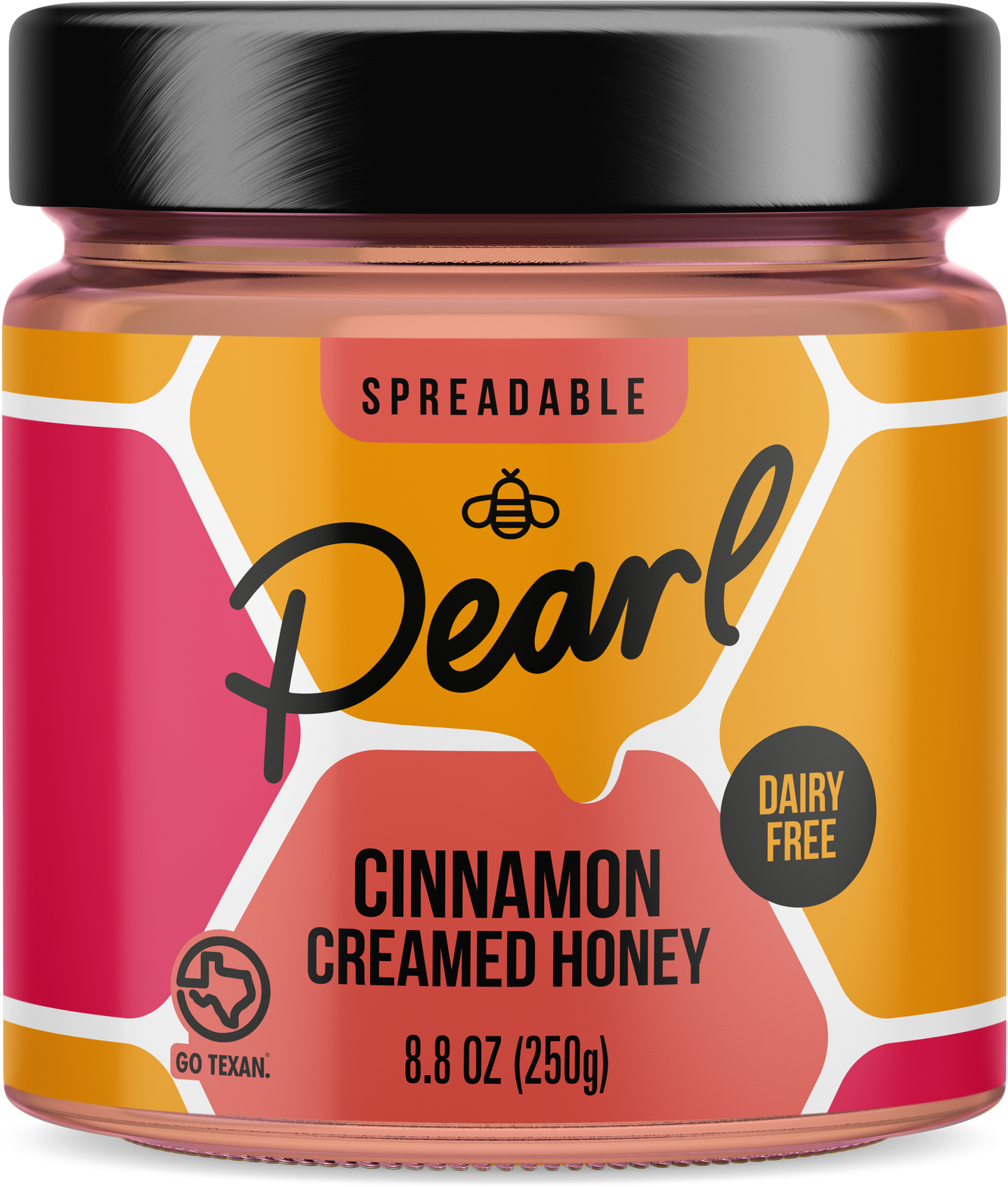 Creamed cinnamon honey from Pearl Honey Spreads, showing a jar with smooth honey and cinnamon swirl topping.