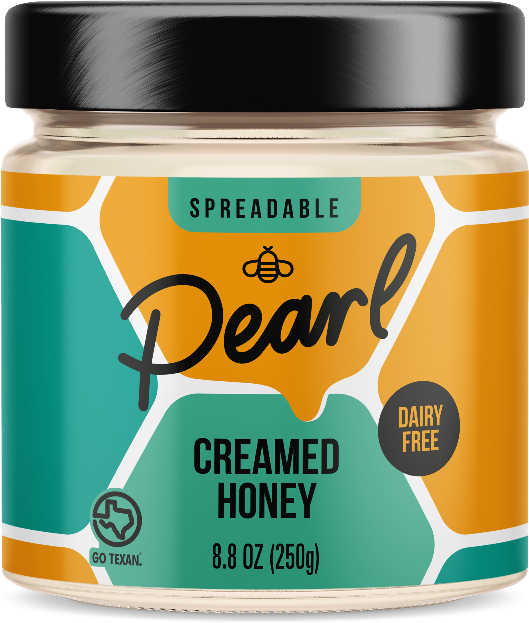 Creamed honey from Pearl Honey Spreads in a jar with a smooth, whipped texture, ready to spread on toast or pastries.